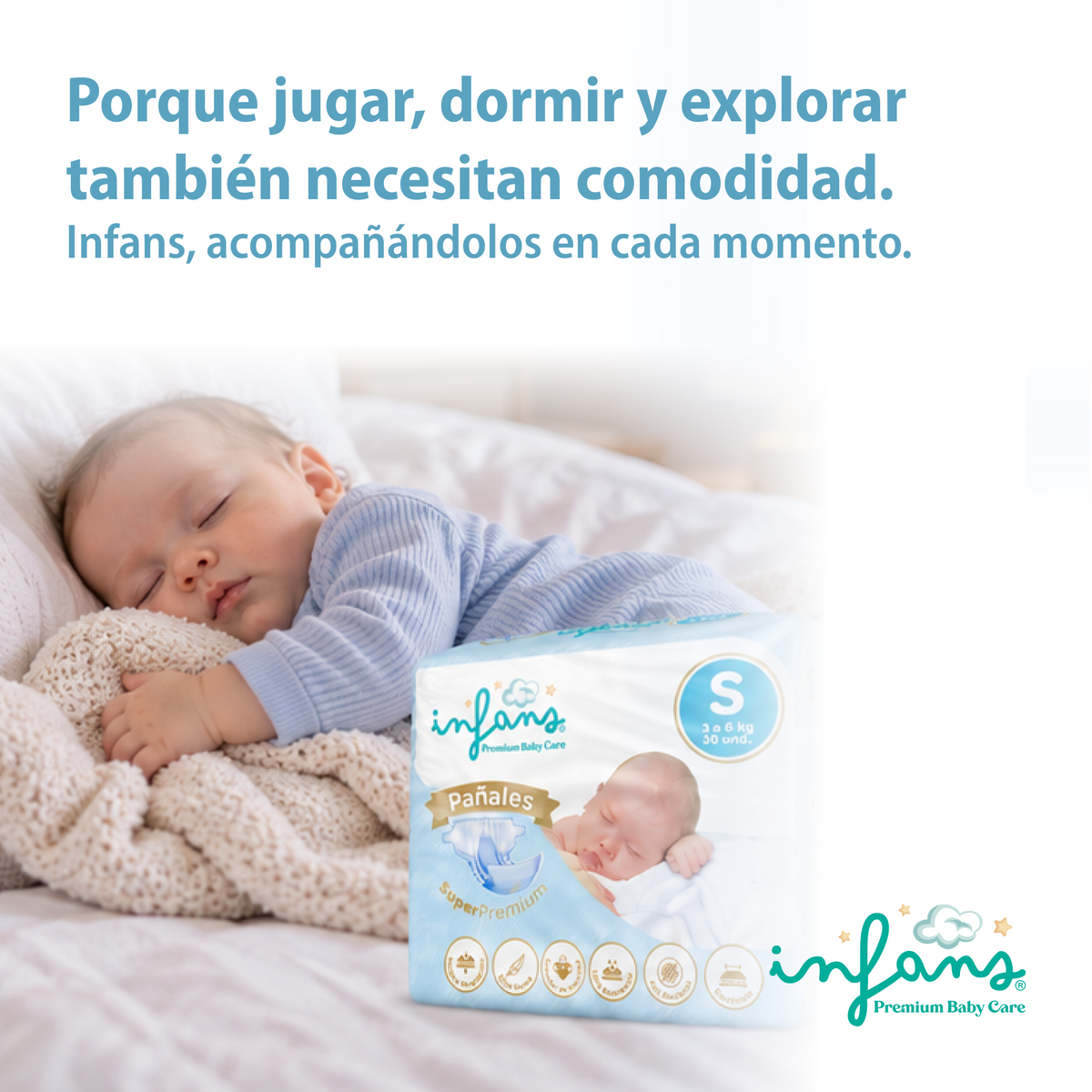 Pañales INFANS Super Premium · Talla S (3-6 kg) · Pack 120 un.