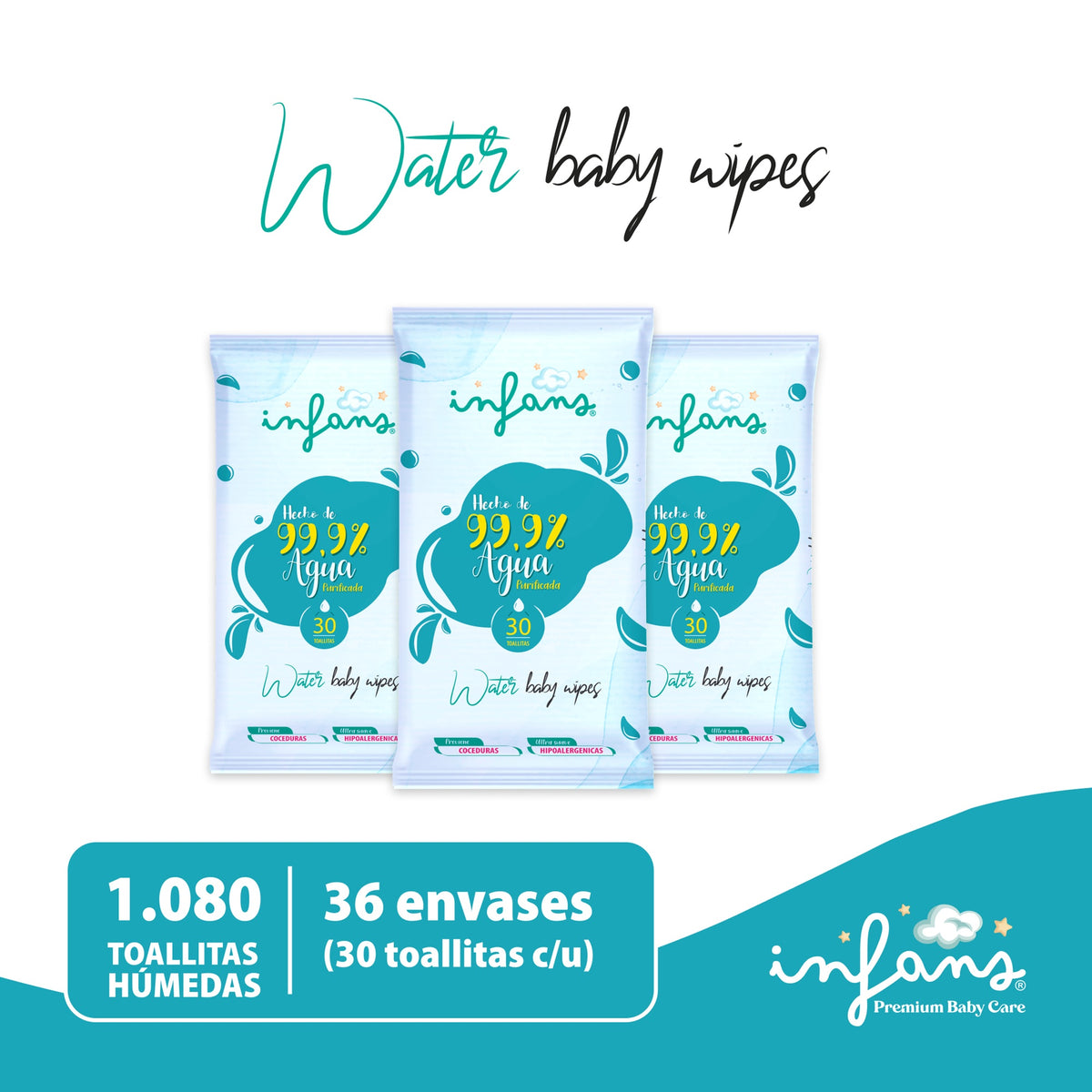 Toallitas Húmedas INFANS 99,9% Agua · Caja 36 x 30 (1.080 un.)