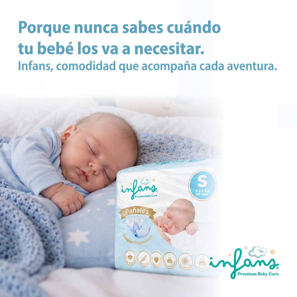 Pañales INFANS Super Premium · Talla S (3-6 kg) · Pack 60 un.